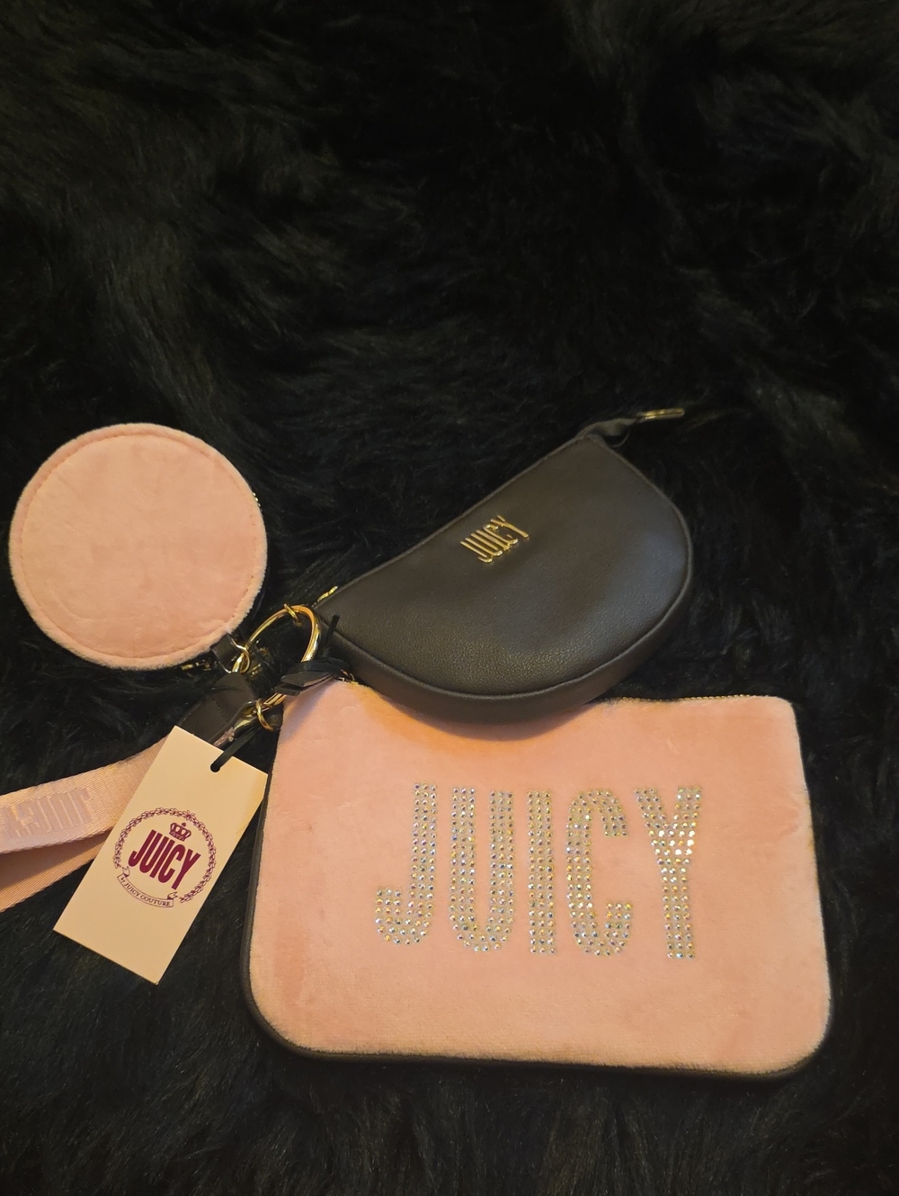 Juicy Couture Pink Velvet Crystal Logo Wristlet Trio with Black Pouch